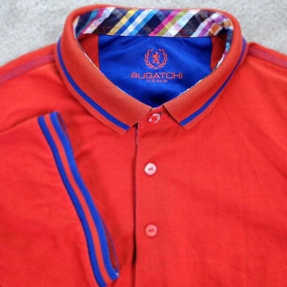 Bugatchi Polo Shirt Red Short Sleeve Contrast Collar Men's Size L Golf